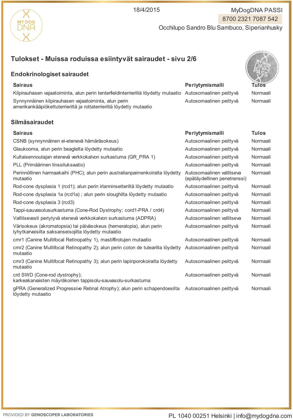 Kultaisennoutajan etenevä verkkokalvon surkastuma (GR_PRA 1) PLL (Primäärinen linssiluksaatio) Perinnöllinen harmaakaihi (PHC); alun perin australianpaimenkoiralta löydetty Autosomaalinen vallitseva