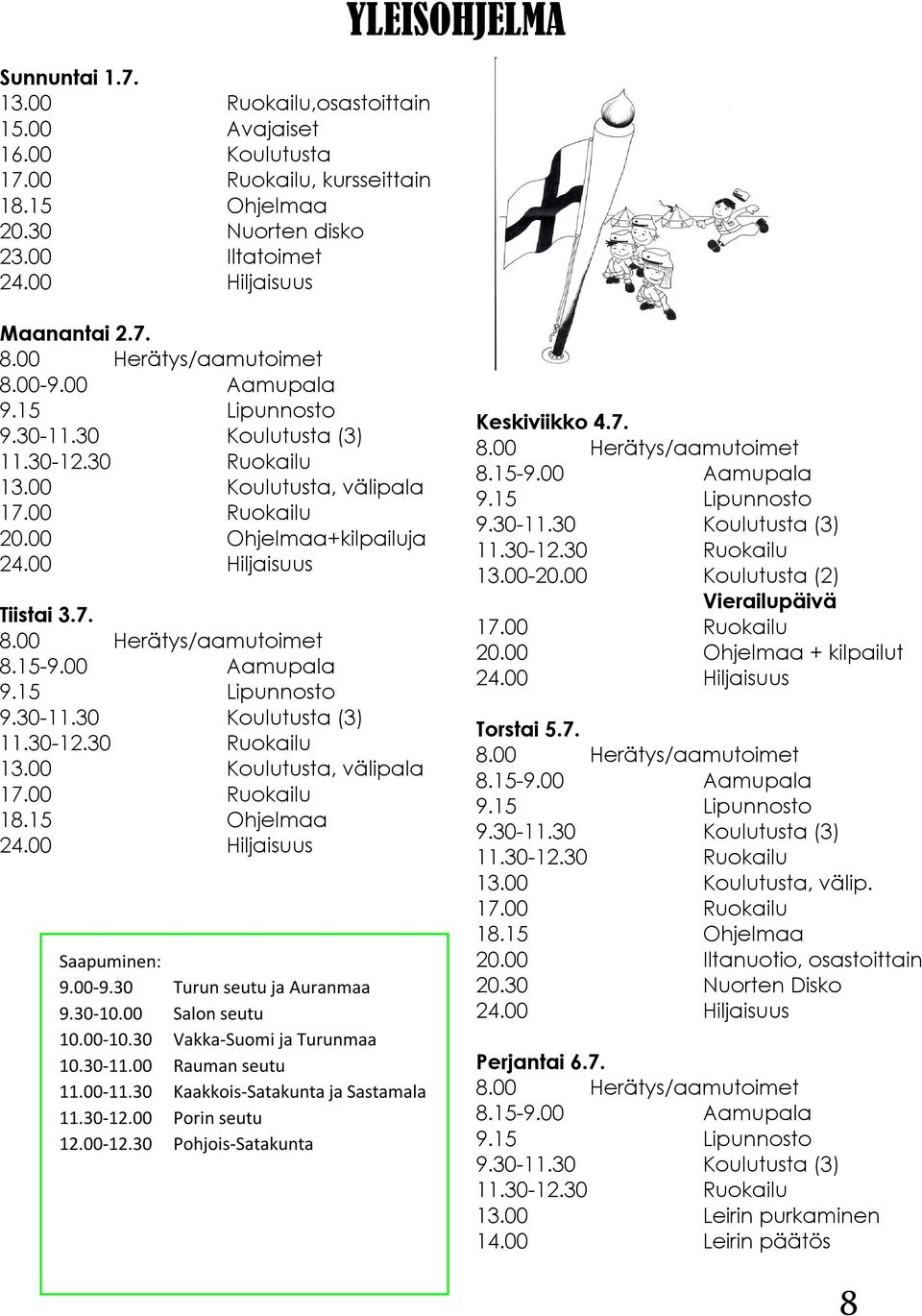 00 Hiljaisuus Tiistai 3.7. 8.00 Herätys/aamutoimet 8.15-9.00 Aamupala 9.15 Lipunnosto 9.30-11.30 Koulutusta (3) 11.30-12.30 Ruokailu 13.00 Koulutusta, välipala 17.00 Ruokailu 18.15 Ohjelmaa 24.