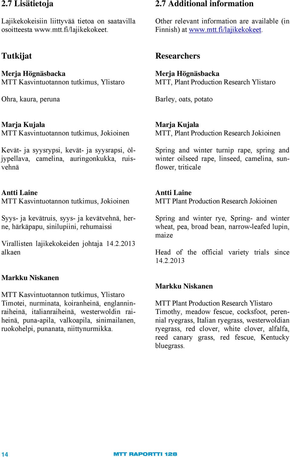 Tutkijat Merja Högnäsbacka MTT Kasvintuotannon tutkimus, Ylistaro Ohra, kaura, peruna Researchers Merja Högnäsbacka MTT, Plant Production Research Ylistaro Barley, oats, potato Marja Kujala MTT