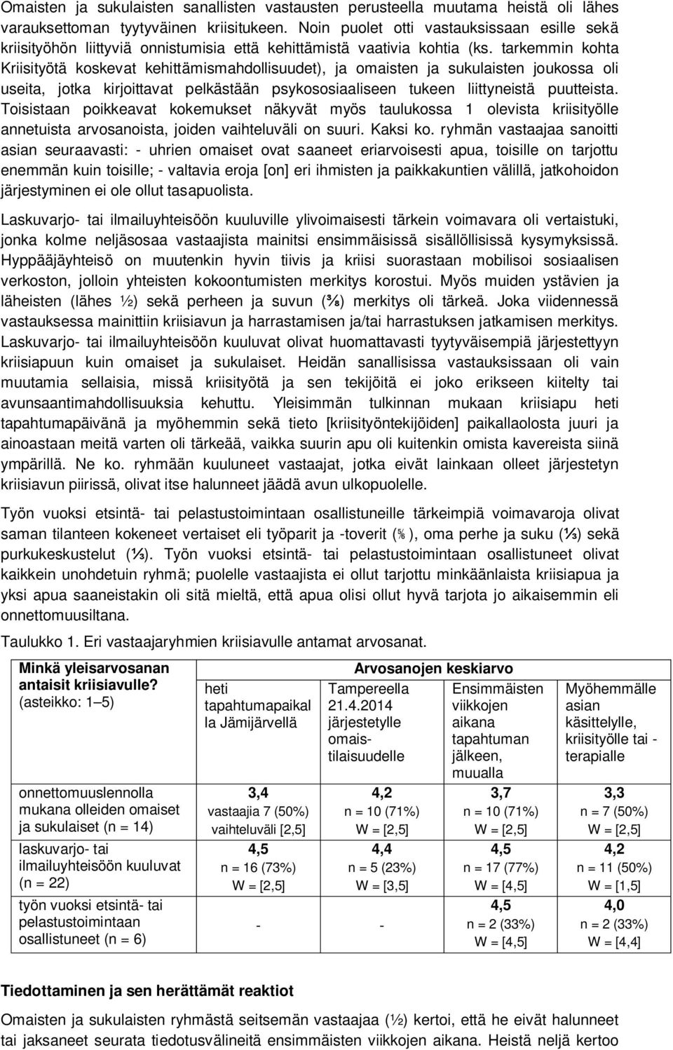 tarkemmin kohta Kriisityötä koskevat kehittämismahdollisuudet), ja omaisten ja sukulaisten joukossa oli useita, jotka kirjoittavat pelkästään psykososiaaliseen tukeen liittyneistä puutteista.