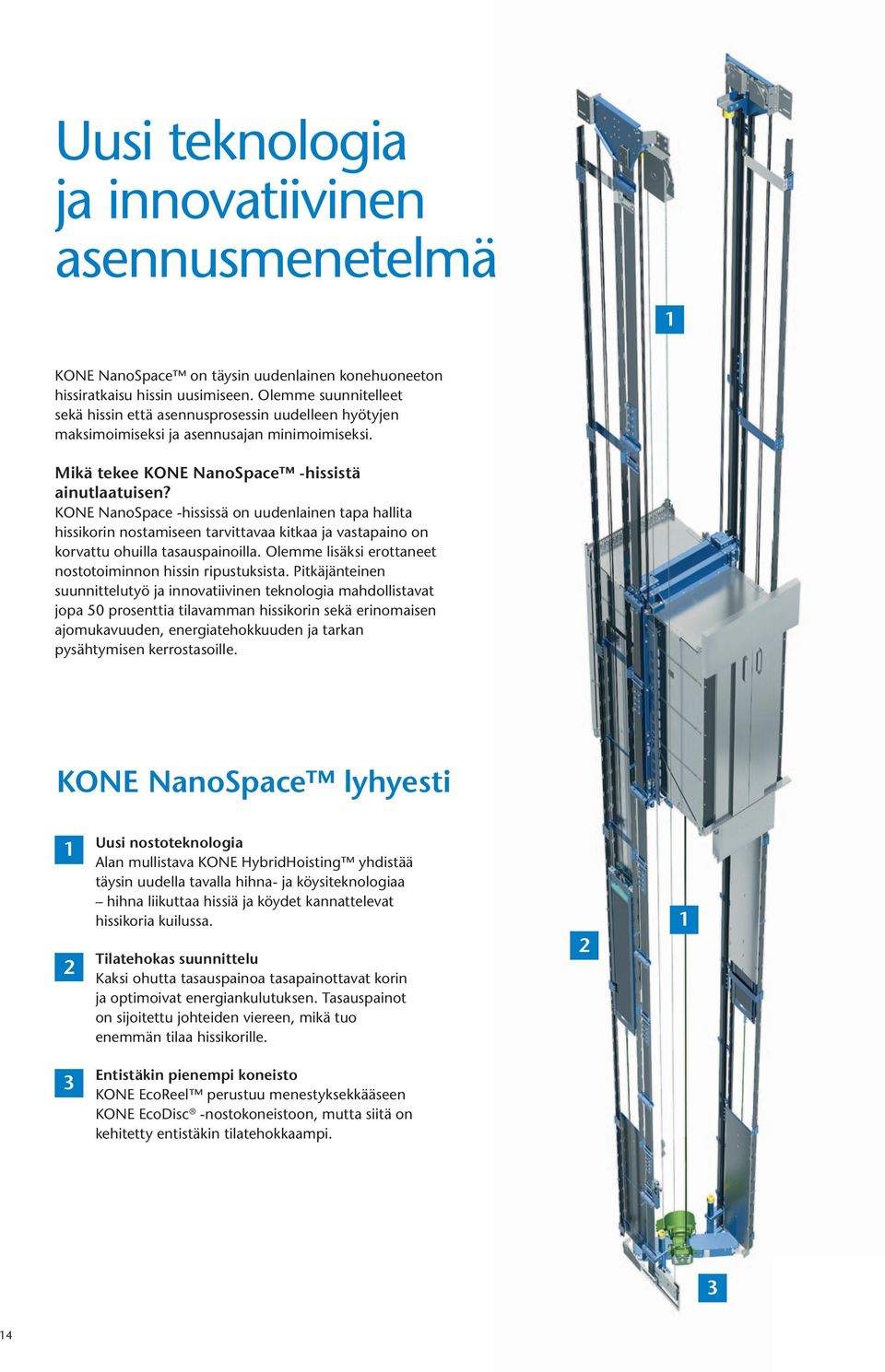 KONE NanoSpace -hississä on uudenlainen tapa hallita hissikorin nostamiseen tarvittavaa kitkaa ja vastapaino on korvattu ohuilla tasauspainoilla.