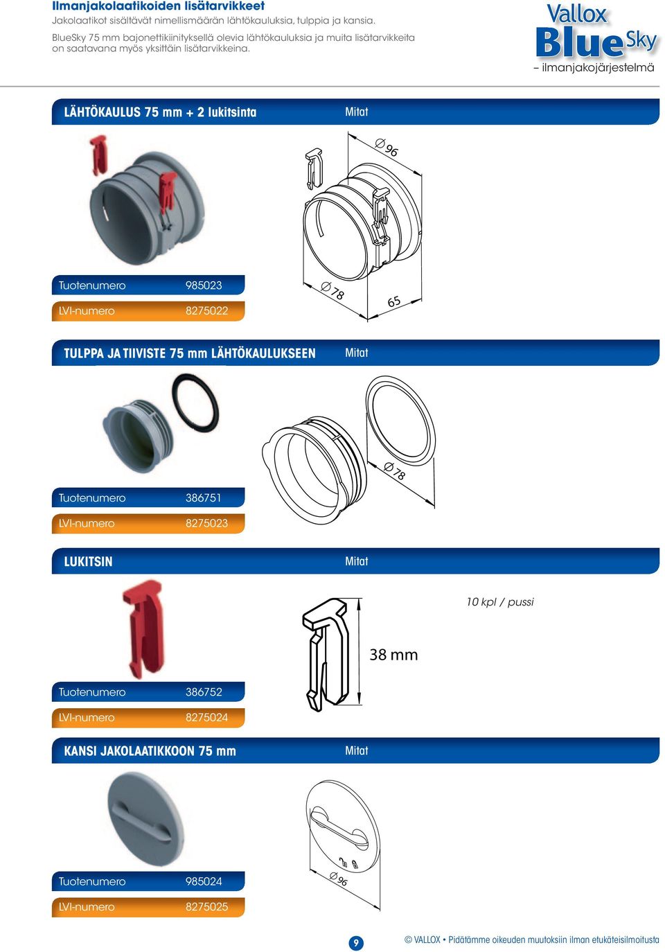 Vallox LÄHTÖKAULUS 75 mm + 2 lukitsinta 96 Tuotenumero 98502 LVI-numero 8275022 65 TULPPA JA TIIVISTE 75 mm LÄHTÖKAULUKSEEN Tuotenumero 86751