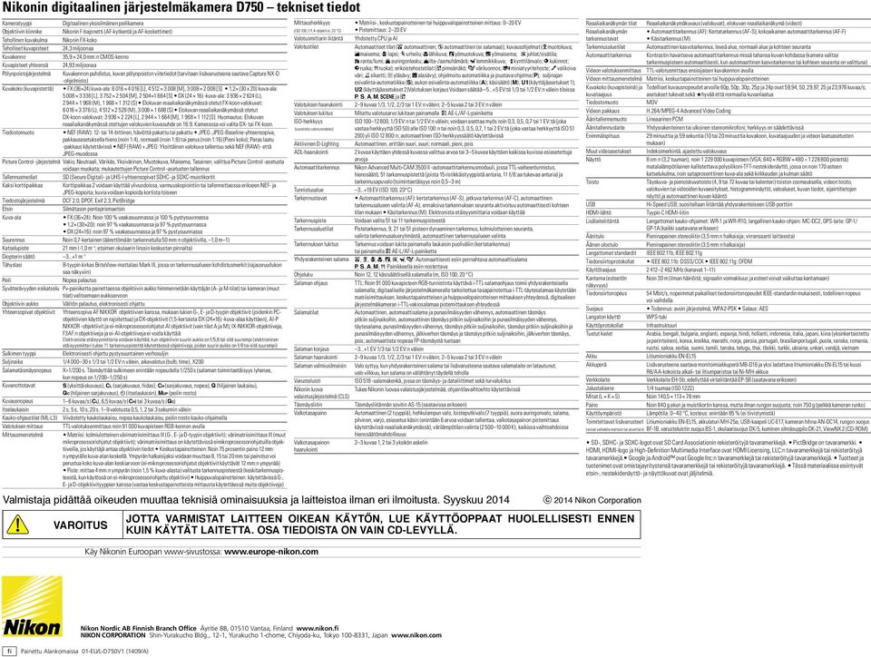 f/1,4-objektiivi, 20 C) Pistemittaus: 2 20 EV Reaaliaikanäkymän Automaattitarkennus (AF): Kertatarkennus (AF-S); kokoaikainen automaattitarkennus (AF-F) Tehollinen kuvakulma Nikonin FX-koko