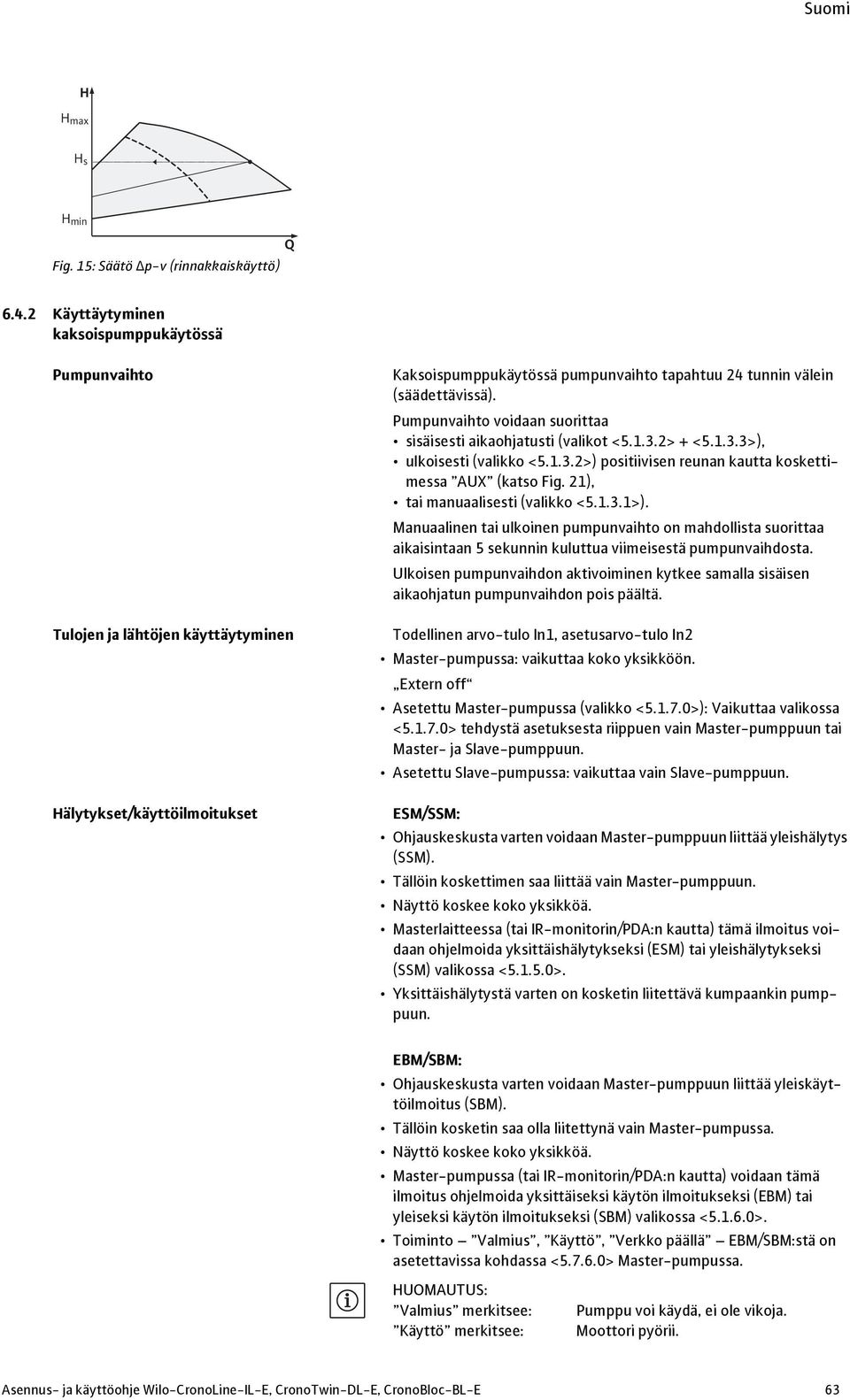 Pumpunvaihto voidaan suorittaa sisäisesti aikaohjatusti (valikot <5.1.3.2> + <5.1.3.3>), ulkoisesti (valikko <5.1.3.2>) positiivisen reunan kautta koskettimessa AUX (katso Fig.