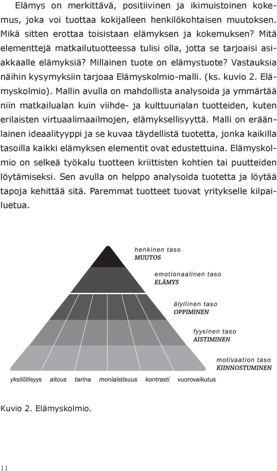 Elämyskolmio). Mallin avulla on mahdollista analysoida ja ymmärtää niin matkailualan kuin viihde- ja kulttuurialan tuotteiden, kuten erilaisten virtuaalimaailmojen, elämyksellisyyttä.