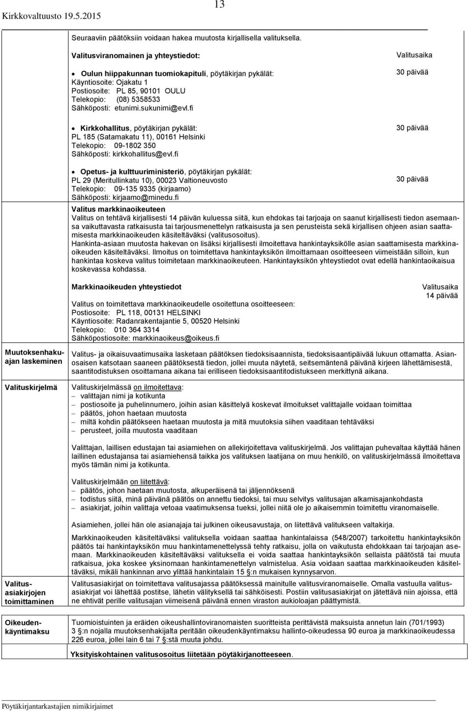 sukunimi@evl.fi Kirkkohallitus, pöytäkirjan pykälät: PL 185 (Satamakatu 11), 00161 Helsinki Telekopio: 09-1802 350 Sähköposti: kirkkohallitus@evl.