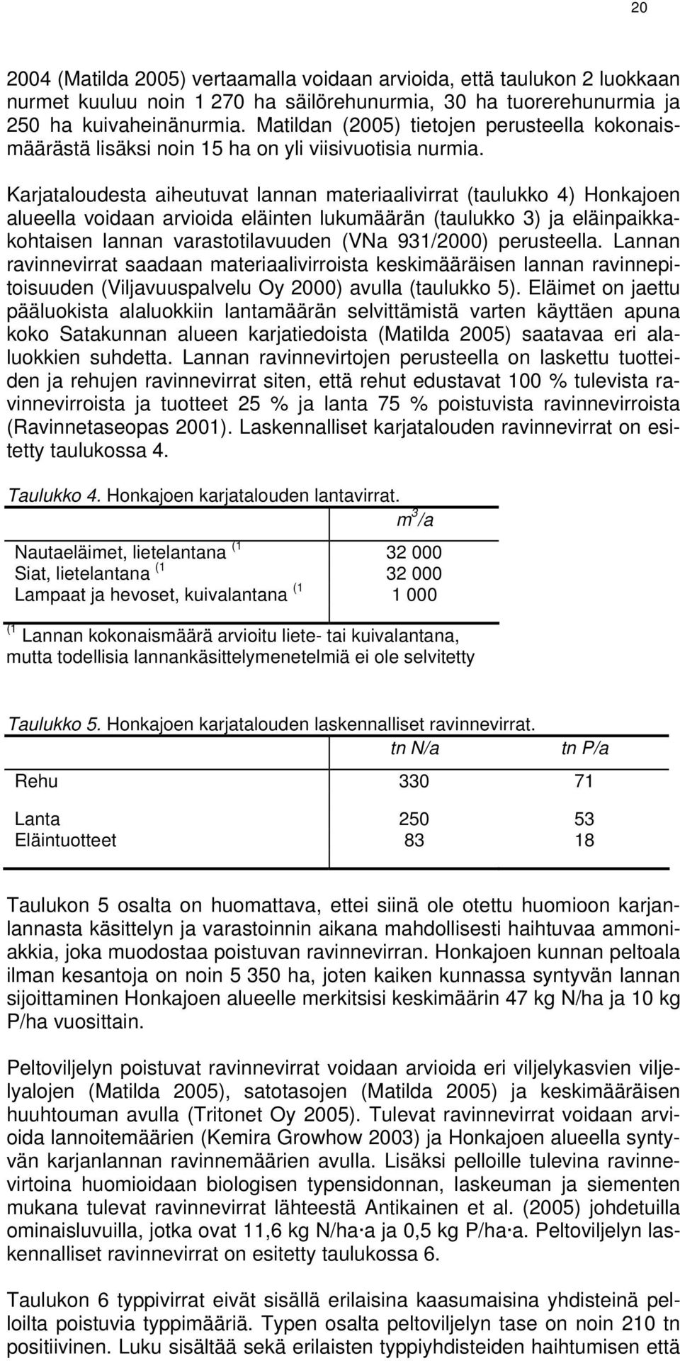 Karjataloudesta aiheutuvat lannan materiaalivirrat (taulukko 4) Honkajoen alueella voidaan arvioida eläinten lukumäärän (taulukko 3) ja eläinpaikkakohtaisen lannan varastotilavuuden (VNa 931/2000)