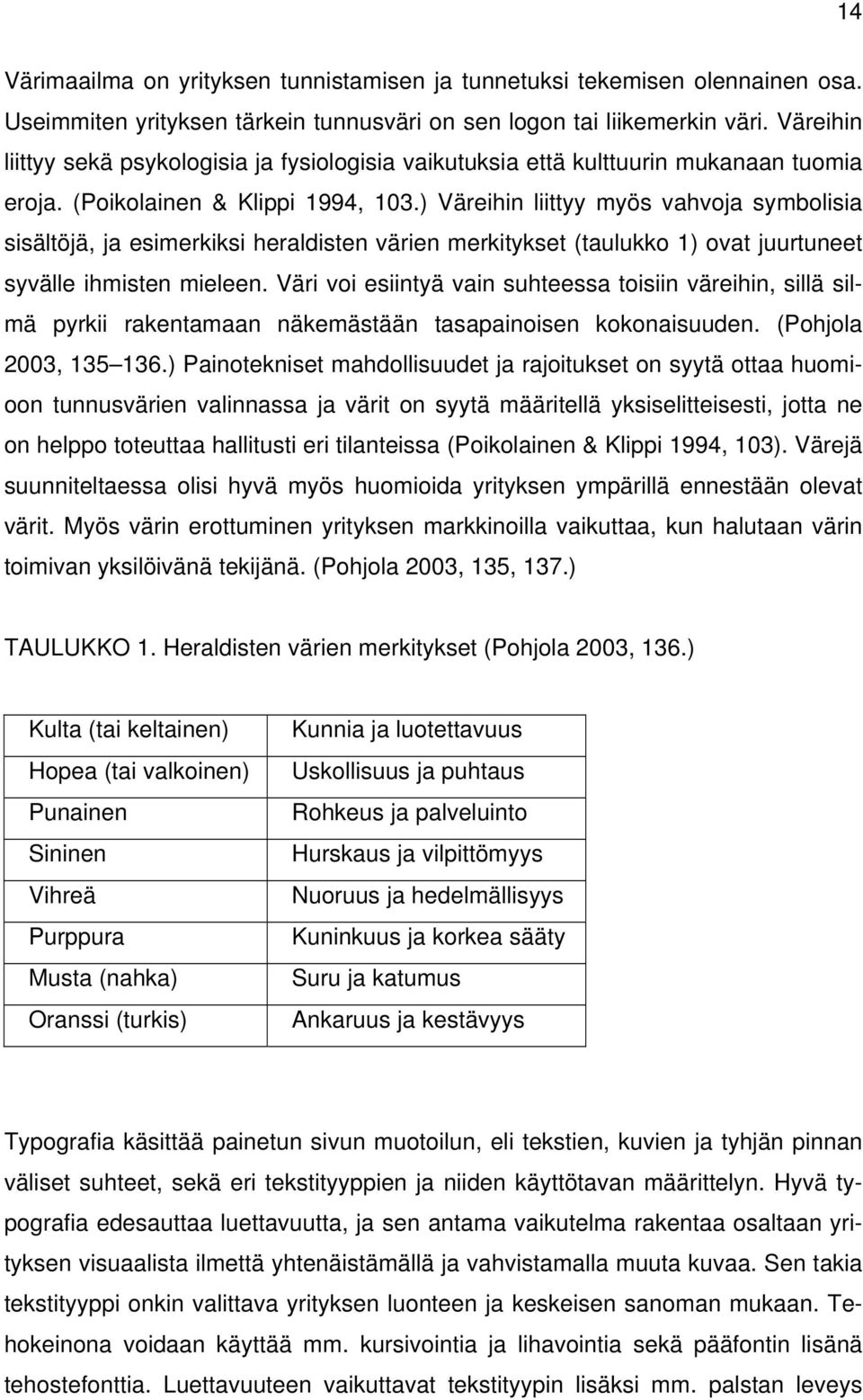 ) Väreihin liittyy myös vahvoja symbolisia sisältöjä, ja esimerkiksi heraldisten värien merkitykset (taulukko 1) ovat juurtuneet syvälle ihmisten mieleen.