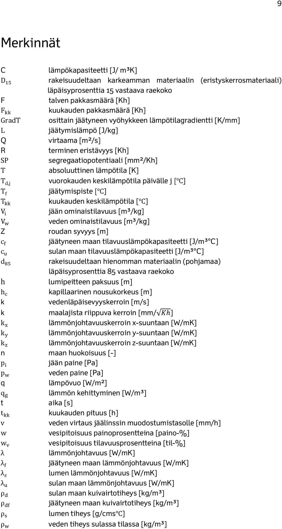 [K] T d,j vuorokauden keskilämpötila päivälle j ] T f jäätymispiste ] T kuukauden keskilämpötila [ ] V jään ominaistilavuus [m3/kg] V veden ominaistilavuus [m3/kg] Z roudan syvyys [m] c jäätyneen