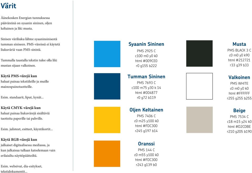 Syaanin Sininen PMS 2925 C c100 m0 y0 k0 html #009CE0 r0 g155 b222 Musta PMS BLACK 3 C c0 m0 y0 k90 html #212721 r33 g39 b33 Käytä PMS-värejä kun haluat painaa tekstiileille ja muille
