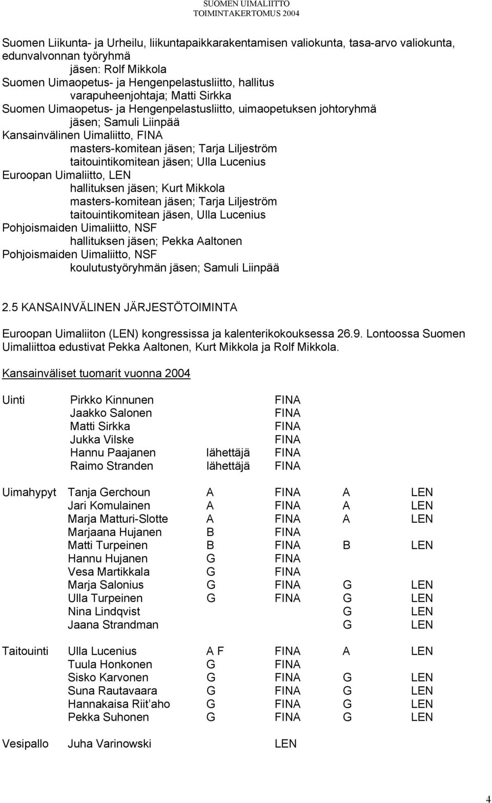 taitouintikomitean jäsen; Ulla Lucenius Euroopan Uimaliitto, LEN hallituksen jäsen; Kurt Mikkola masters-komitean jäsen; Tarja Liljeström taitouintikomitean jäsen, Ulla Lucenius Pohjoismaiden