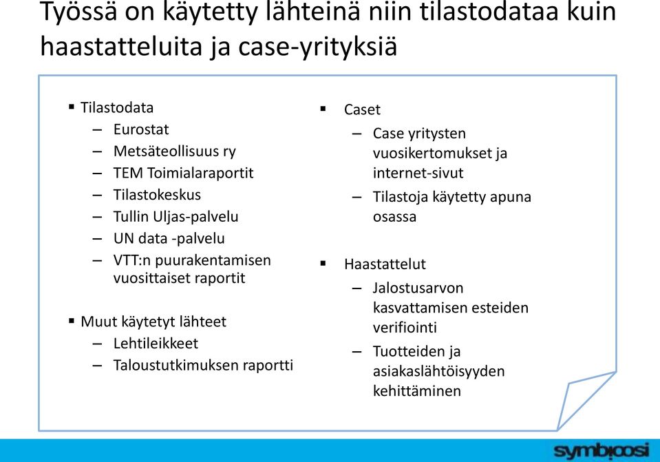 käytetyt lähteet Lehtileikkeet Taloustutkimuksen raportti Caset Case yritysten vuosikertomukset ja internet-sivut Tilastoja