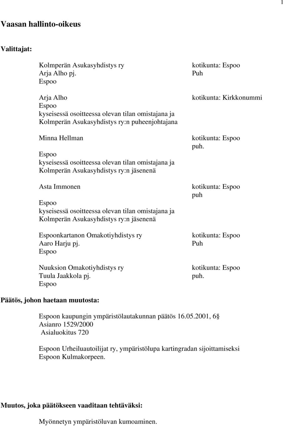 jäsenenä Asta Immonen kyseisessä osoitteessa olevan tilan omistajana ja Kolmperän Asukasyhdistys ry:n jäsenenä nkartanon Omakotiyhdistys ry Aaro Harju pj.