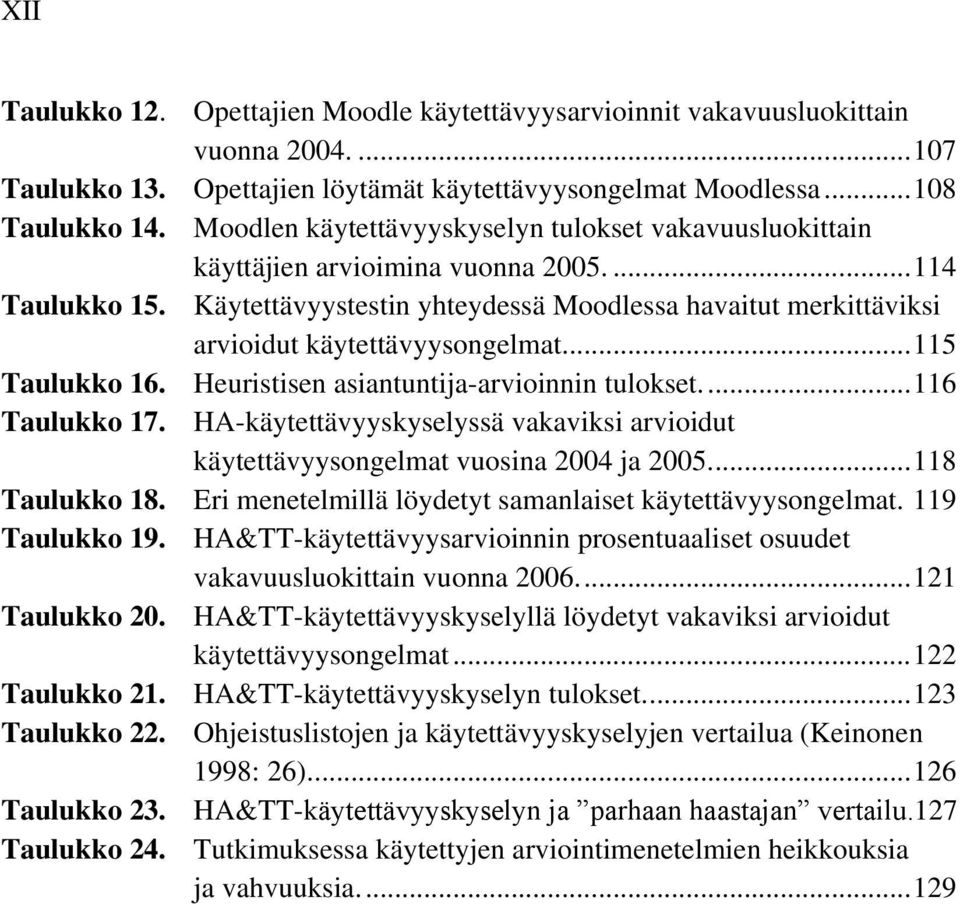 Käytettävyystestin yhteydessä Moodlessa havaitut merkittäviksi arvioidut käytettävyysongelmat... 115 Taulukko 16. Heuristisen asiantuntija-arvioinnin tulokset.... 116 Taulukko 17.