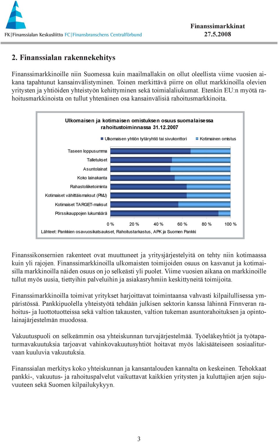 Etenkin EU:n myötä rahoitusmarkkinoista on tullut yhtenäinen osa kansainvälisiä rahoitusmarkkinoita. Ulkomaisen ja kotimaisen omistuksen osuus suomalaisessa rahoitustoiminnassa 31.12.