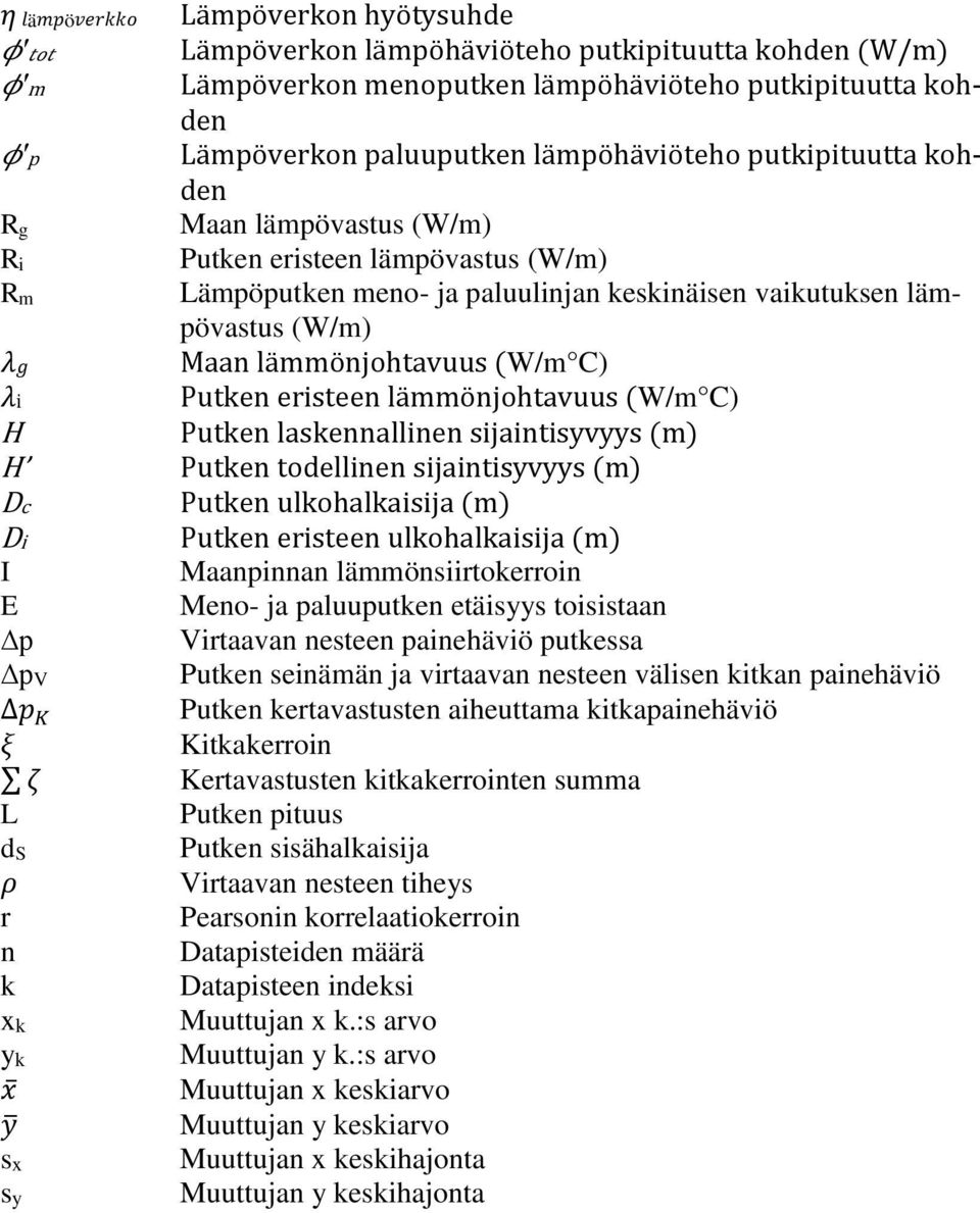 Putken eristeen lämmönjohtavuus (W/m C) H Putken laskennallinen sijaintisyvyys (m) H Putken todellinen sijaintisyvyys (m) Dc Putken ulkohalkaisija (m) Di Putken eristeen ulkohalkaisija (m) I