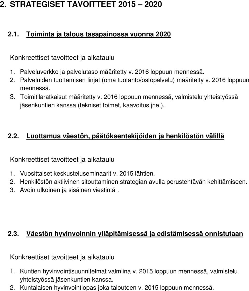 Vuosittaiset keskusteluseminaarit v. 2015 lähtien. 2. Henkilöstön aktiivinen sitouttaminen strategian avulla perustehtävän kehittämiseen. 3.