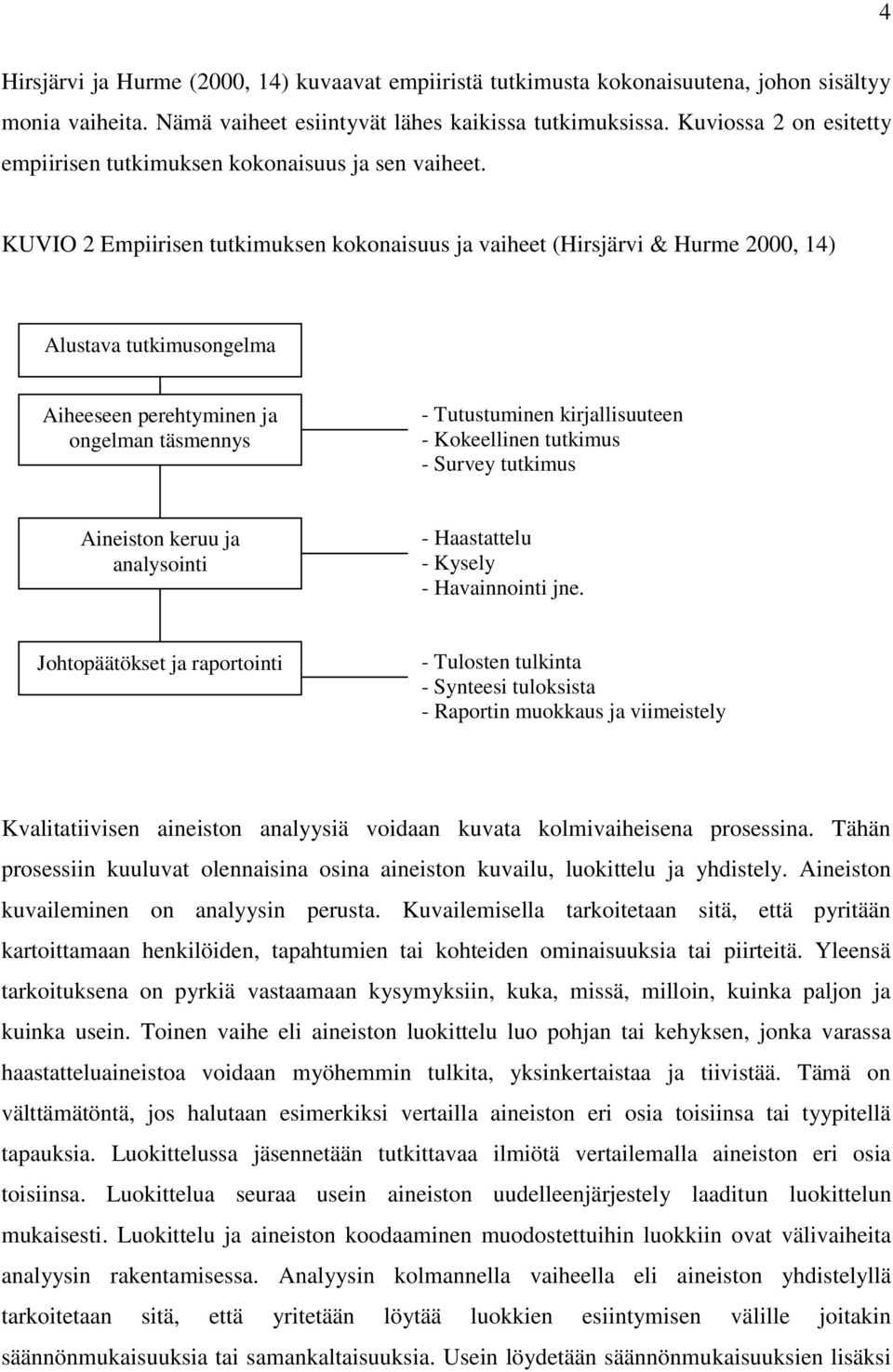 KUVIO 2 Empiirisen tutkimuksen kokonaisuus ja vaiheet (Hirsjärvi & Hurme 2000, 14) Alustava tutkimusongelma Aiheeseen perehtyminen ja ongelman täsmennys - Tutustuminen kirjallisuuteen - Kokeellinen