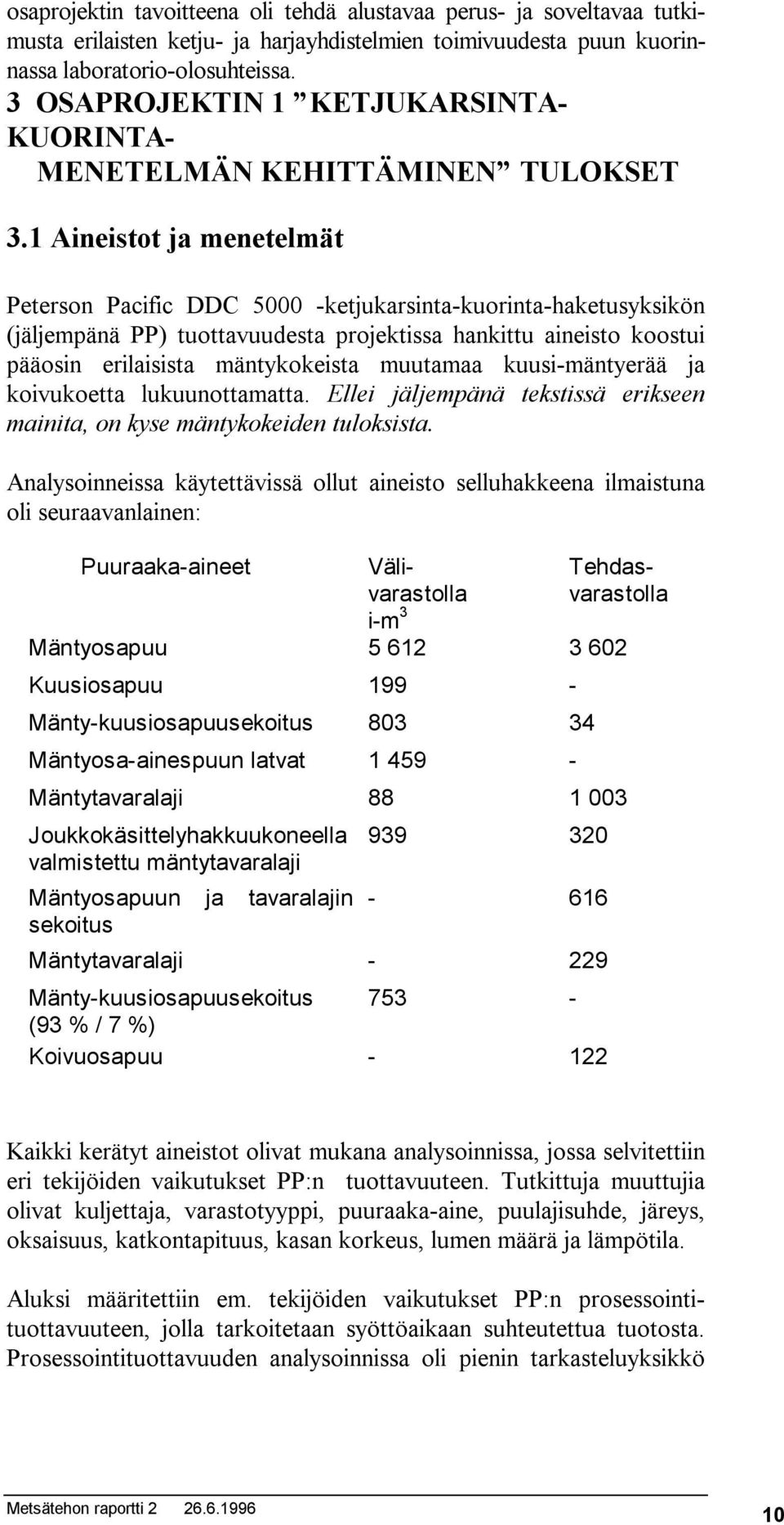 1 Aineistot ja menetelmät Peterson Pacific DDC 5000 -ketjukarsinta-kuorinta-haketusyksikön (jäljempänä PP) tuottavuudesta projektissa hankittu aineisto koostui pääosin erilaisista mäntykokeista