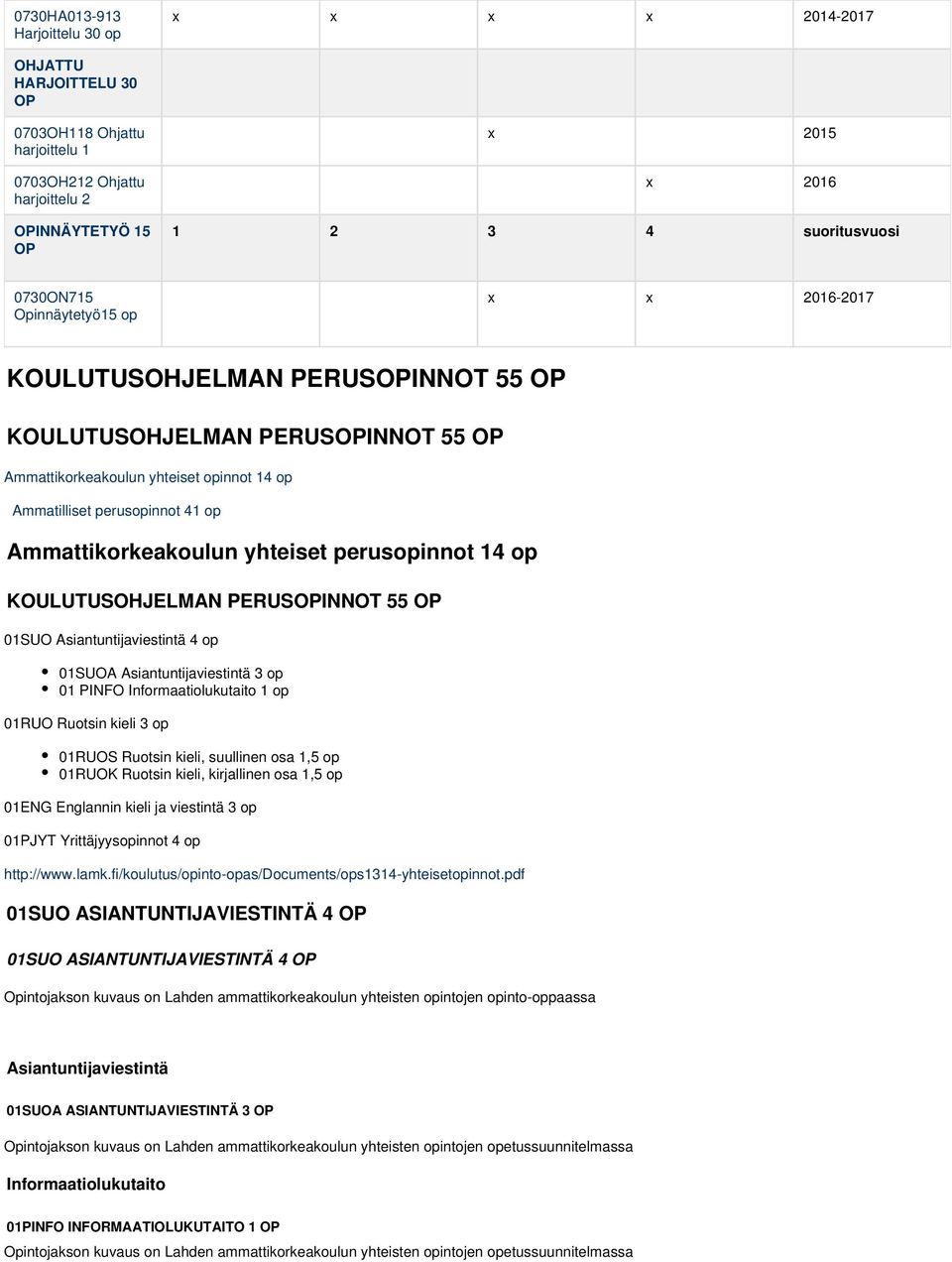 Ammattikorkeakoulun yhteiset perusopinnot 14 op KOULUTUSOHJELMAN PERUSOPINNOT 55 OP 01SUO Asiantuntijaviestintä 4 op 01SUOA Asiantuntijaviestintä 3 op 01 PINFO Informaatiolukutaito 1 op 01RUO Ruotsin