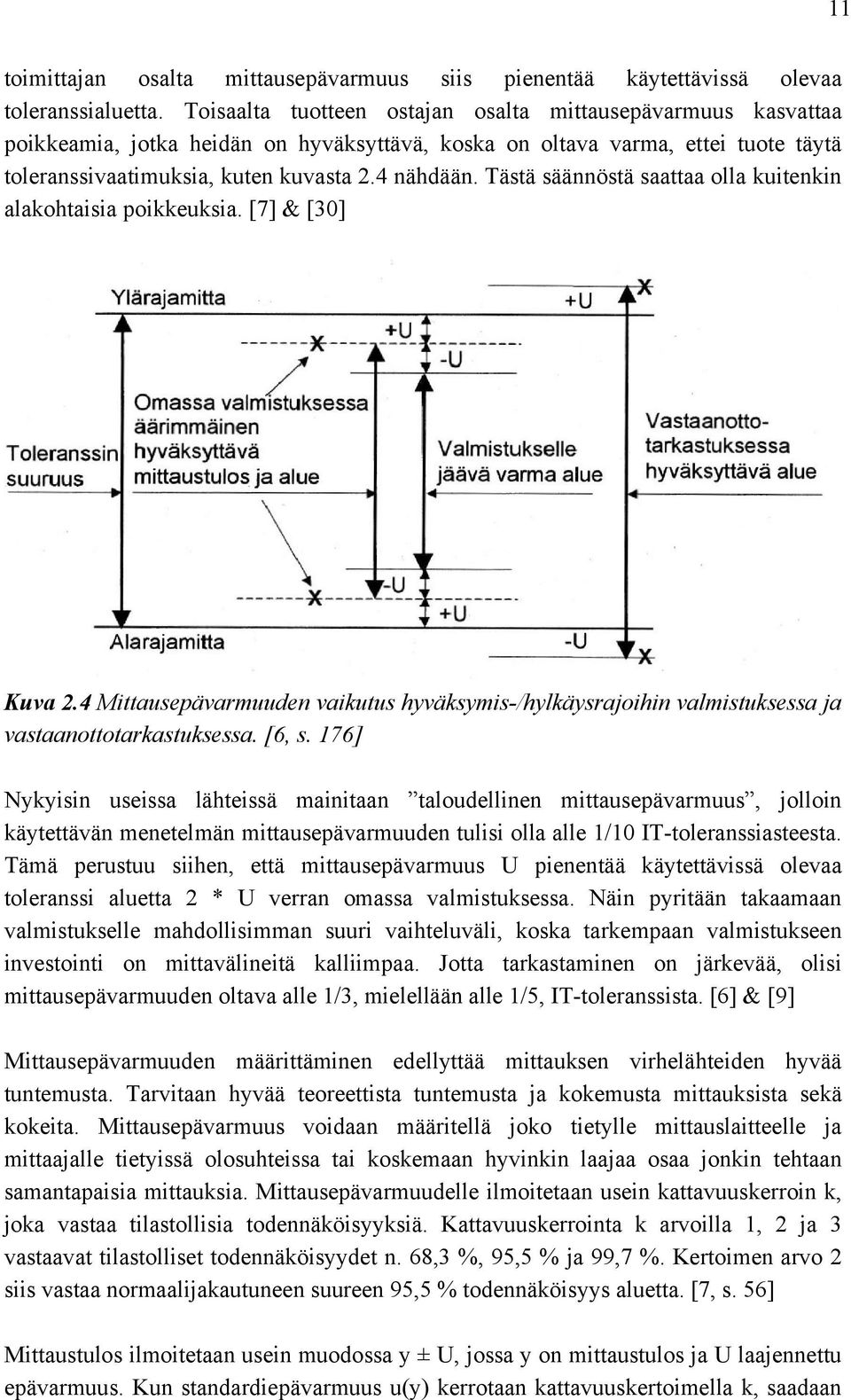 Tästä säännöstä saattaa olla kuitenkin alakohtaisia poikkeuksia. [7] & [30] Kuva 2.4 Mittausepävarmuuden vaikutus hyväksymis-/hylkäysrajoihin valmistuksessa ja vastaanottotarkastuksessa. [6, s.