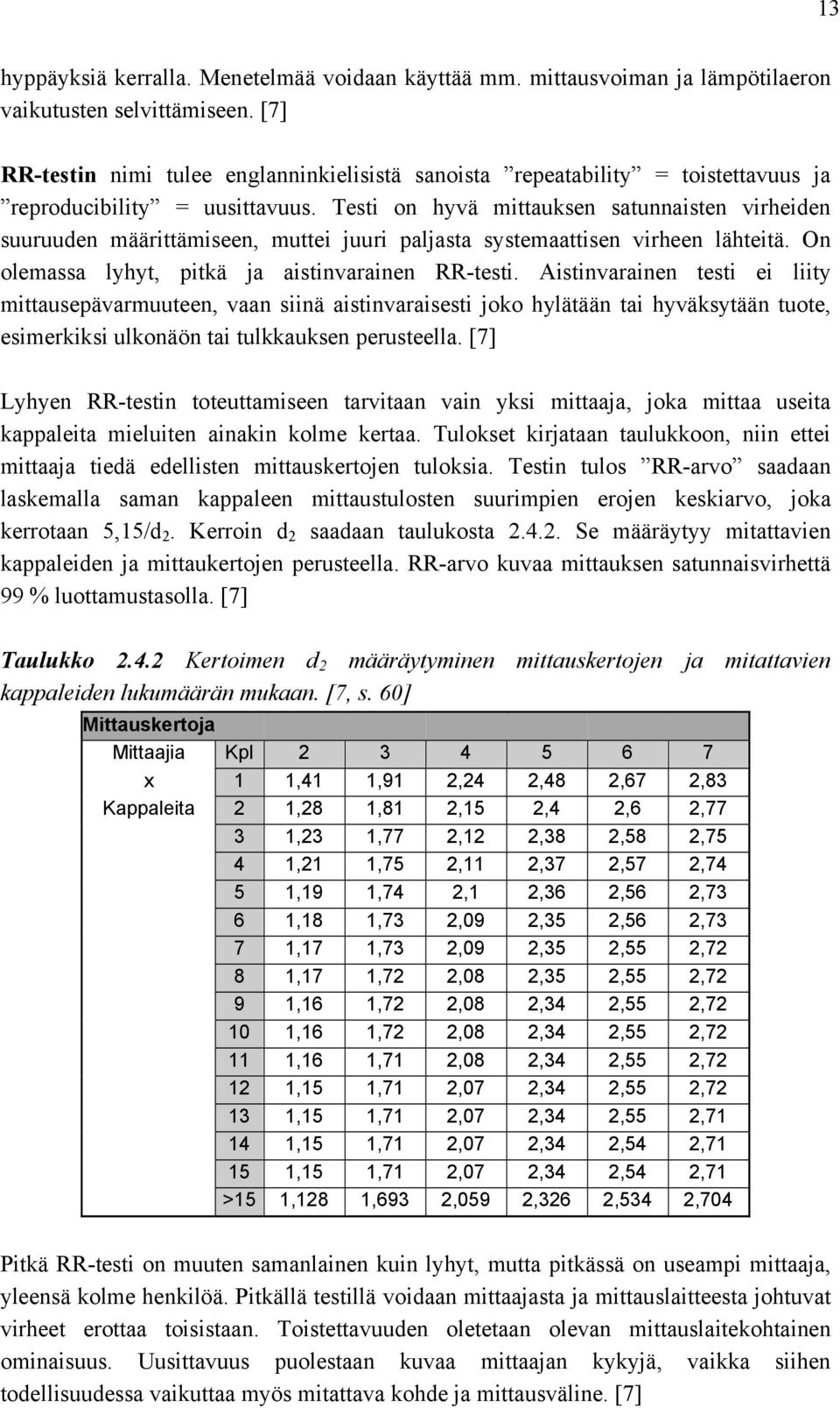 Testi on hyvä mittauksen satunnaisten virheiden suuruuden määrittämiseen, muttei juuri paljasta systemaattisen virheen lähteitä. On olemassa lyhyt, pitkä ja aistinvarainen RR-testi.