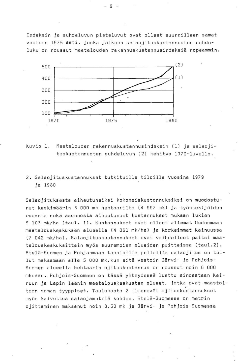 0 100 1970 1975 1980 Kuvio 1. Maatalouden rakennuskustannusindeksin (1) ja salaojituskustannusten suhdeluvun (2) kehitys 1970-luvulla. 2.