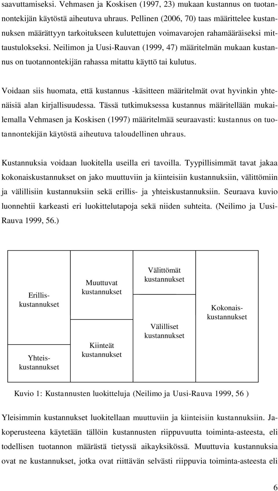 Neilimon ja Uusi-Rauvan (1999, 47) määritelmän mukaan kustannus on tuotannontekijän rahassa mitattu käyttö tai kulutus.