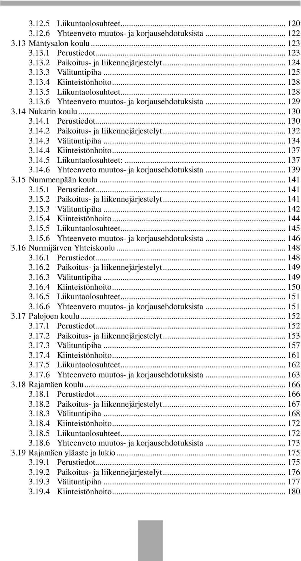 .. 132 3.14.3 Välituntipiha... 134 3.14.4 Kiinteistönhoito... 137 3.14.5 Liikuntaolosuhteet:... 137 3.14.6 Yhteenveto muutos- ja korjausehdotuksista... 139 3.15 Nummenpään koulu... 141 3.15.1 Perustiedot.