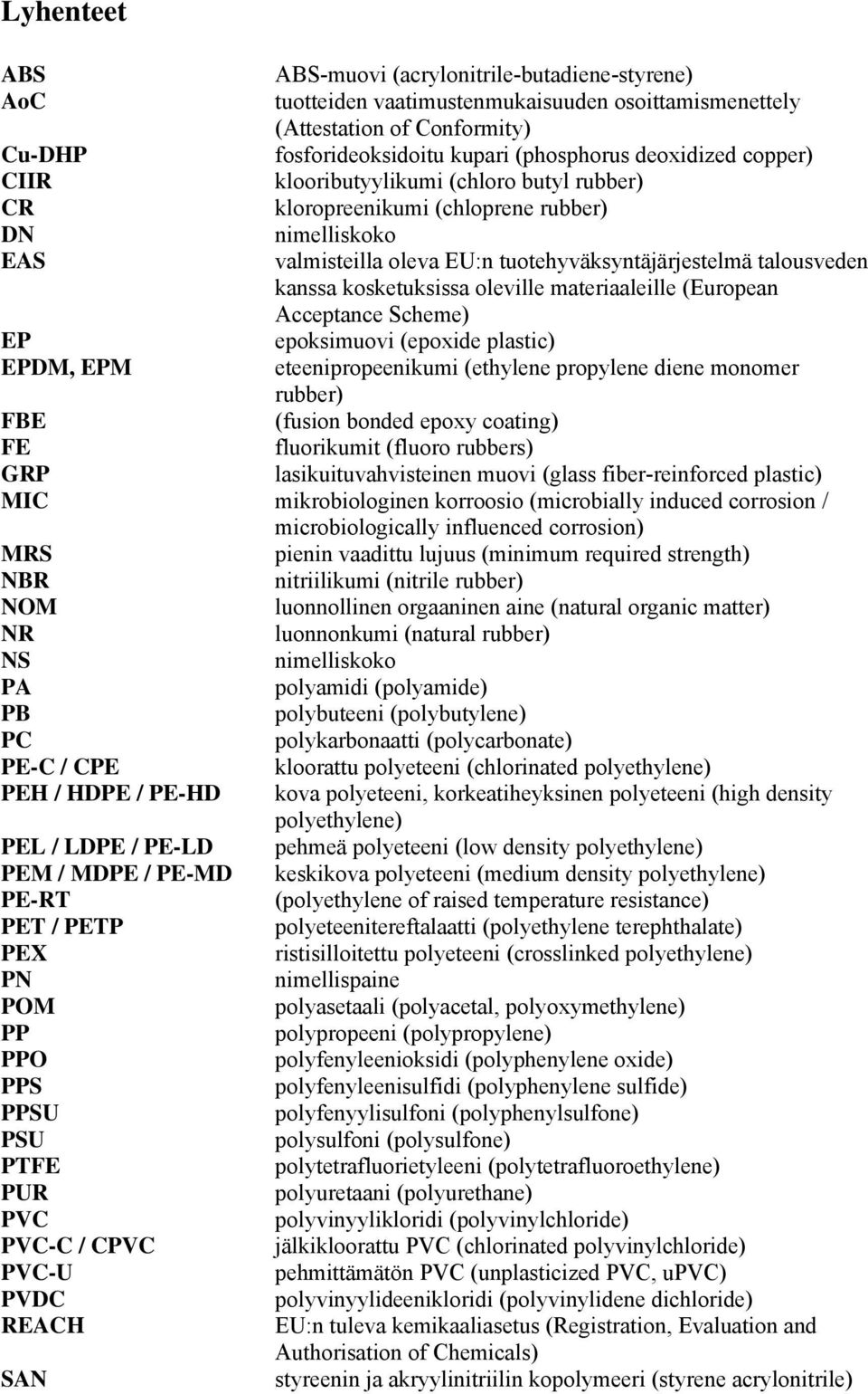 oleville materiaaleille (European Acceptance Scheme) EP epoksimuovi (epoxide plastic) EPDM, EPM eteenipropeenikumi (ethylene propylene diene monomer rubber) FBE (fusion bonded epoxy coating) FE