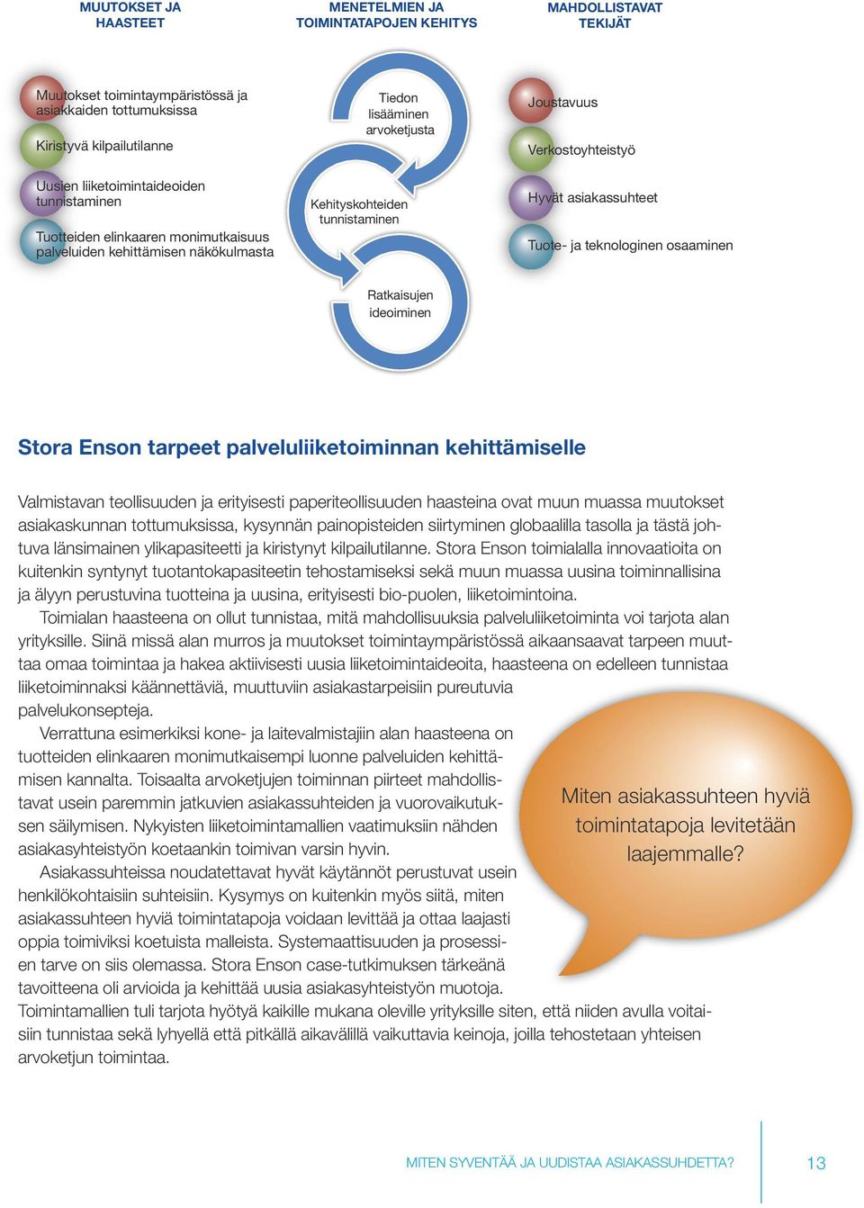 asiakassuhteet Tuote- ja teknologinen osaaminen Ratkaisujen ideoiminen Stora Enson tarpeet palveluliiketoiminnan kehittämiselle Valmistavan teollisuuden ja erityisesti paperiteollisuuden haasteina