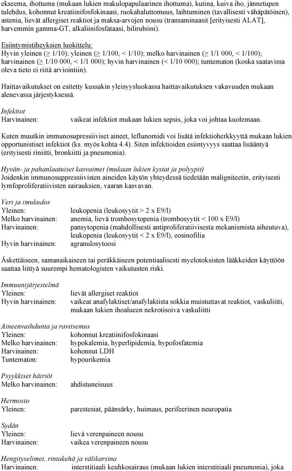 Esiintymistiheyksien luokittelu: Hyvin yleinen ( 1/10); yleinen ( 1/100, < 1/10); melko harvinainen ( 1/1 000, < 1/100); harvinainen ( 1/10 000, < 1/1 000); hyvin harvinainen (< 1/10 000); tuntematon