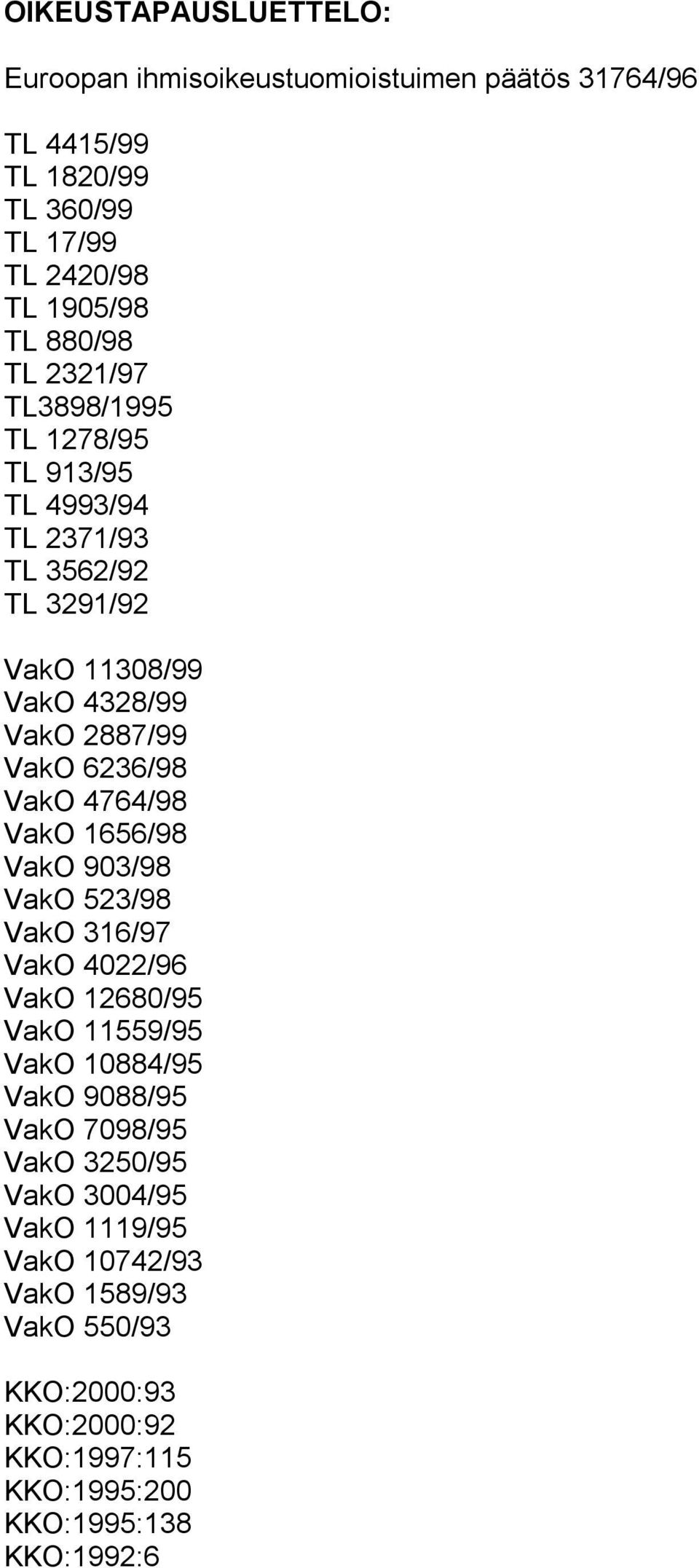 4764/98 VakO 1656/98 VakO 903/98 VakO 523/98 VakO 316/97 VakO 4022/96 VakO 12680/95 VakO 11559/95 VakO 10884/95 VakO 9088/95 VakO 7098/95 VakO