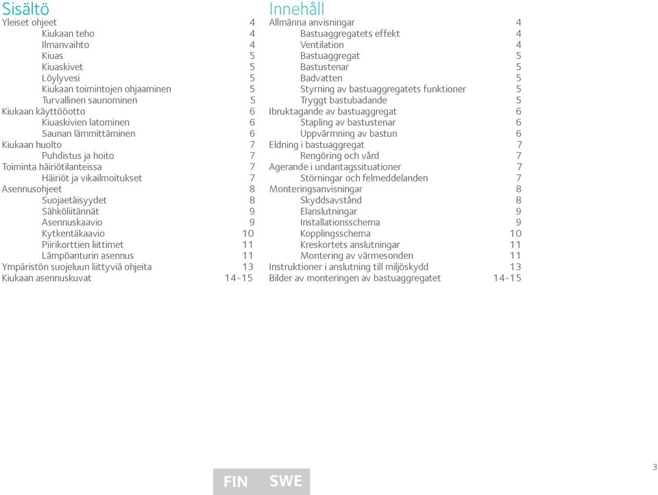 Piirikorttien liittimet 11 Lämpöanturin asennus 11 Ympäristön suojeluun liittyviä ohjeita 13 Kiukaan asennuskuvat 14-15 Innehåll Allmänna anvisningar 4 Bastuaggregatets effekt 4 Ventilation 4