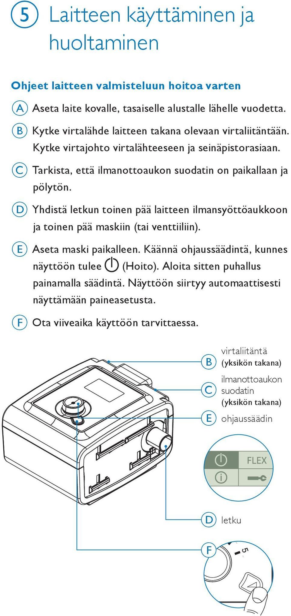 D Yhdistä letkun toinen pää laitteen ilmansyöttöaukkoon ja toinen pää maskiin (tai venttiiliin). E Aseta maski paikalleen. Käännä ohjaussäädintä, kunnes näyttöön tulee (Hoito).