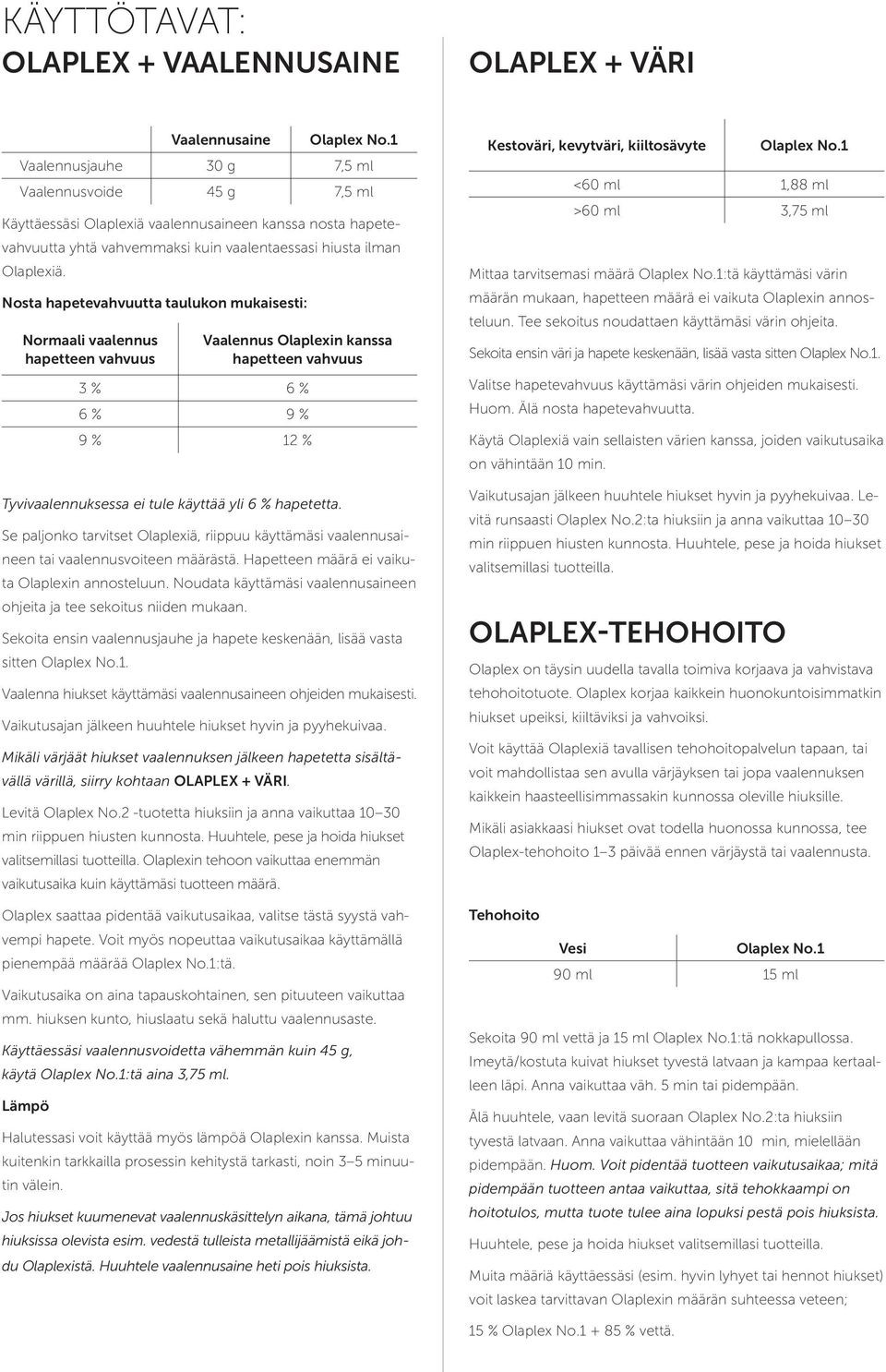 Nosta hapetevahvuutta taulukon mukaisesti: Normaali vaalennus hapetteen vahvuus Vaalennus Olaplexin kanssa hapetteen vahvuus 3 % 6 % 6 % 9 % 9 % 12 % Tyvivaalennuksessa ei tule käyttää yli 6 %