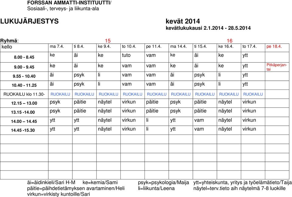 30- RUOKAILU RUOKAILU RUOKAILU RUOKAILU RUOKAILU RUOKAILU RUOKAILU RUOKAILU RUOKAILU 12.15 13.00 psyk päitie näytel virkun päitie psyk päitie näytel virkun 13.15-14.