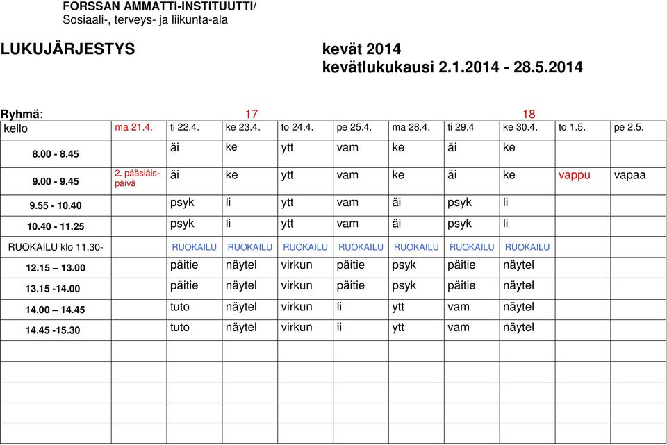 25 psyk li ytt vam äi psyk li RUOKAILU klo 11.30- RUOKAILU RUOKAILU RUOKAILU RUOKAILU RUOKAILU RUOKAILU RUOKAILU 12.15 13.