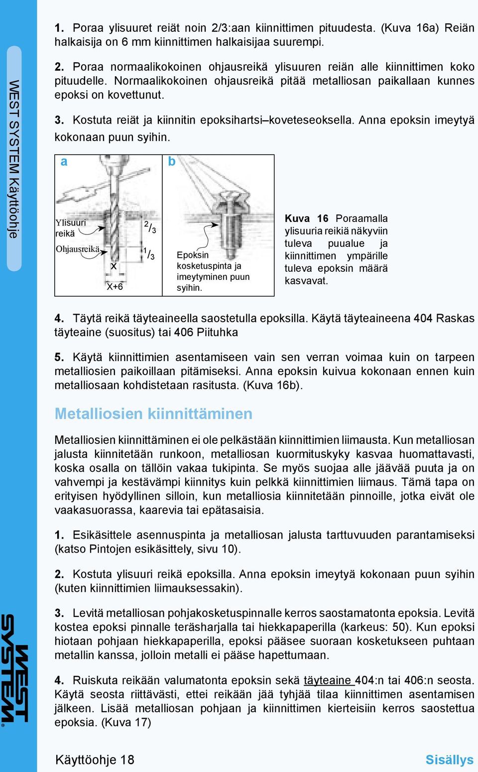 a Ylisuuri reikä Ohjausreikä x X+6 2 / 3 1 / 3 b Epoksin kosketuspinta ja imeytyminen puun syihin.