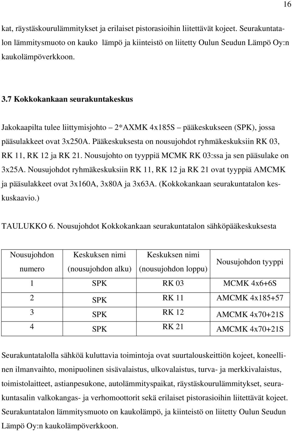 Pääkeskuksesta on nousujohdot ryhmäkeskuksiin RK 03, RK 11, RK 12 ja RK 21. Nousujohto on tyyppiä MCMK RK 03:ssa ja sen pääsulake on 3x25A.