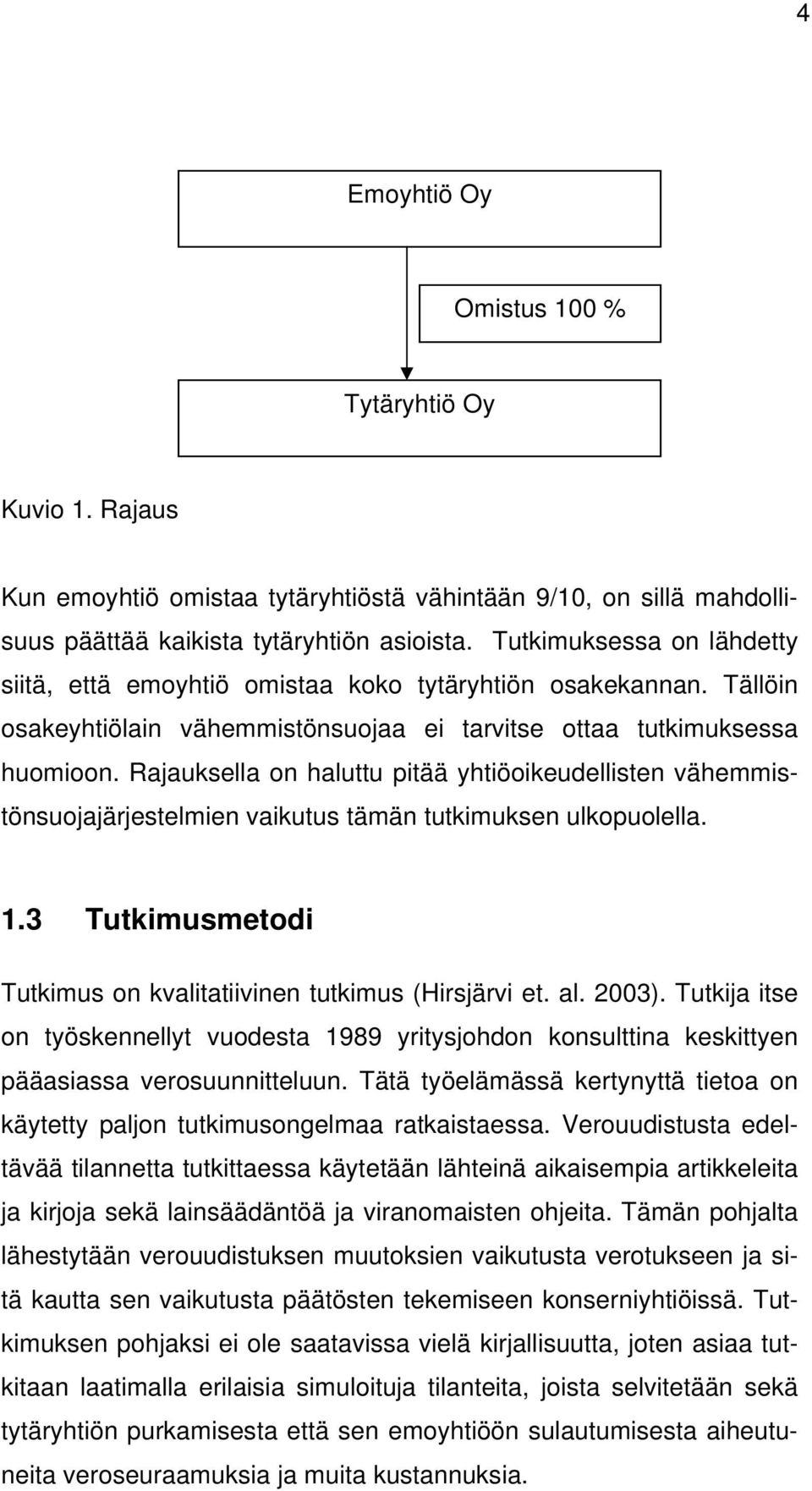 Rajauksella on haluttu pitää yhtiöoikeudellisten vähemmistönsuojajärjestelmien vaikutus tämän tutkimuksen ulkopuolella. 1.3 Tutkimusmetodi Tutkimus on kvalitatiivinen tutkimus (Hirsjärvi et. al.