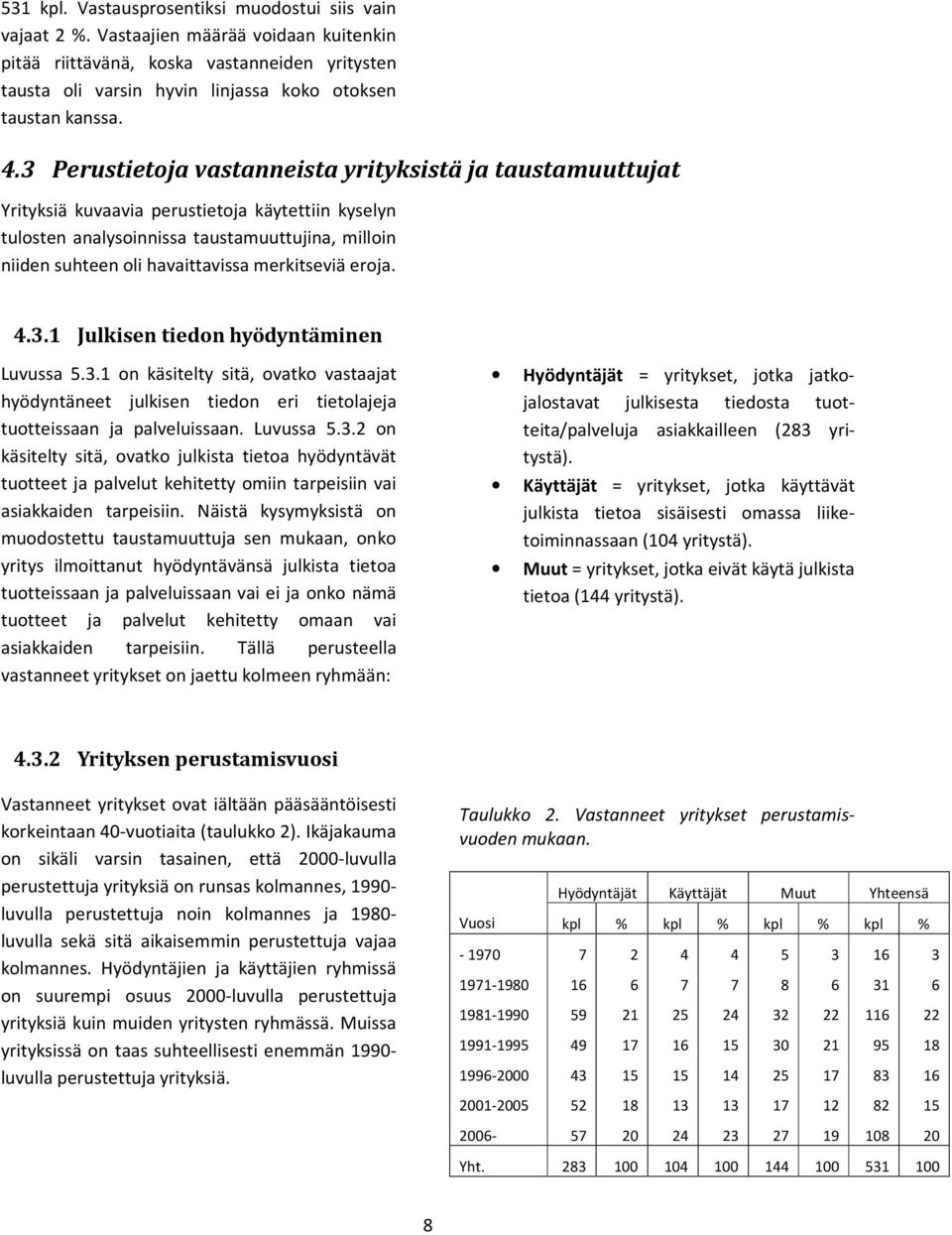 merkitseviä eroja... Julkisen tiedon hyödyntäminen Luvussa.. on käsitelty sitä, ovatko vastaajat hyödyntäneet julkisen tiedon eri tietolajeja tuotteissaan ja palveluissaan. Luvussa.. on käsitelty sitä, ovatko julkista tietoa hyödyntävät tuotteet ja palvelut kehitetty omiin tarpeisiin vai asiakkaiden tarpeisiin.