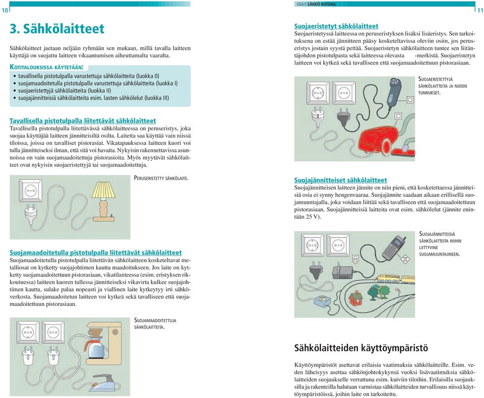(luokka II) suojajännitteisiä sähkölaitteita esim. lasten sähkölelut (luokka III) OSA I: SÄHKÖ KOTONA Suojaeristetyt sähkölaitteet Suojaeristetyssä laitteessa on peruseristyksen lisäksi lisäeristys.