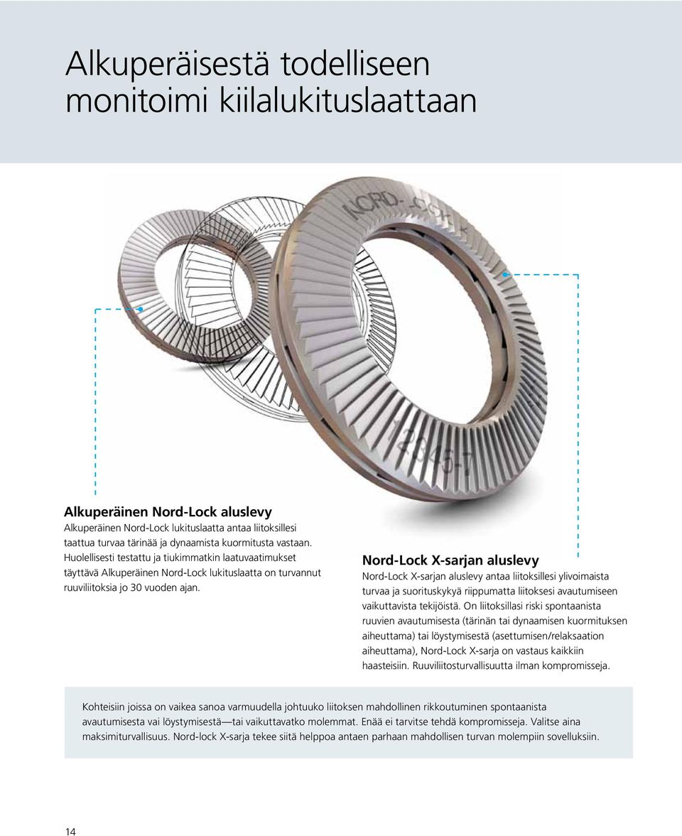 Nord-Lock X-sarjan aluslevy Nord-Lock X-sarjan aluslevy antaa liitoksillesi ylivoimaista turvaa ja suorituskykyä riippumatta liitoksesi avautumiseen vaikuttavista tekijöistä.