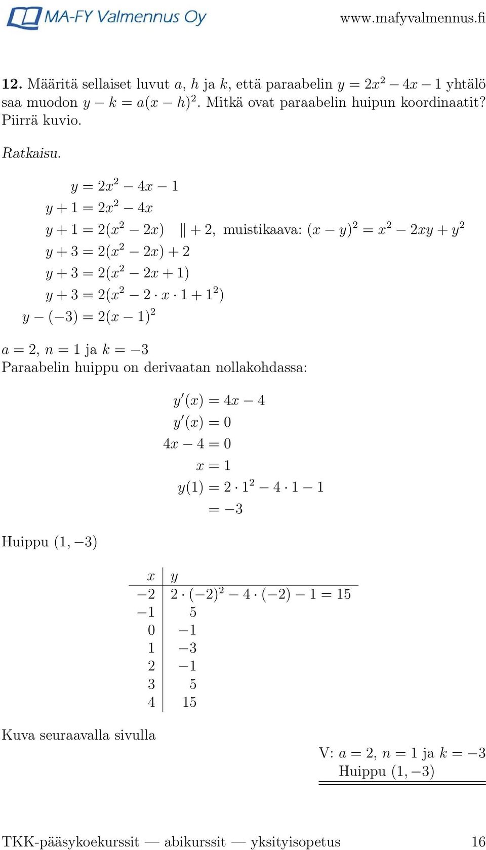 y = x 4x 1 y + 1 = x 4x y + 1 = (x x) +, muistikaava: (x y) = x xy + y y + 3 = (x x) + y + 3 = (x x + 1) y + 3 = (x x 1 + 1 ) y ( 3) = (x 1) a =, n =