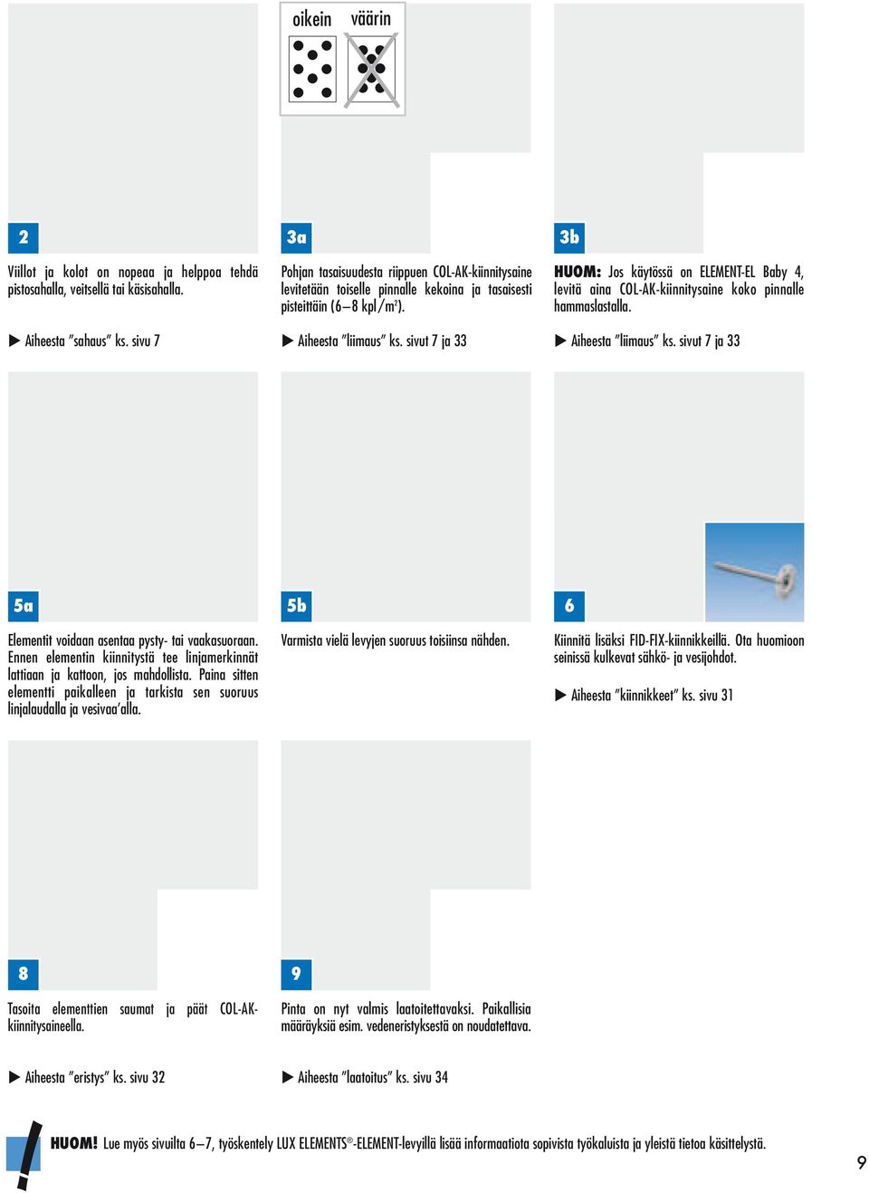 sivut 7 ja 33 3b HUOM: Jos käytössä on ELEMENT-EL Baby 4, levitä aina COL-AK-kiinnitysaine koko pinnalle hammaslastalla. Aiheesta liimaus ks.