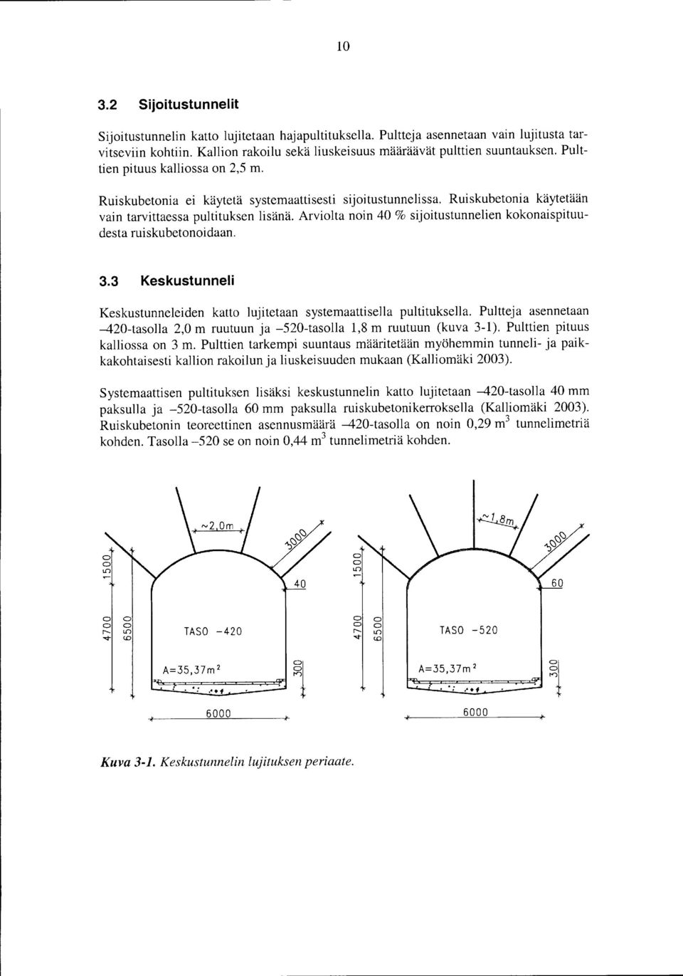 Arviolta noin 40 % Sijoitustunnelien kokonaispituudesta ruiskubetonoidaan. 3.3 Keskustunneli Keskustunneleiden katto lujitetaan systemaattisella pultituksella.