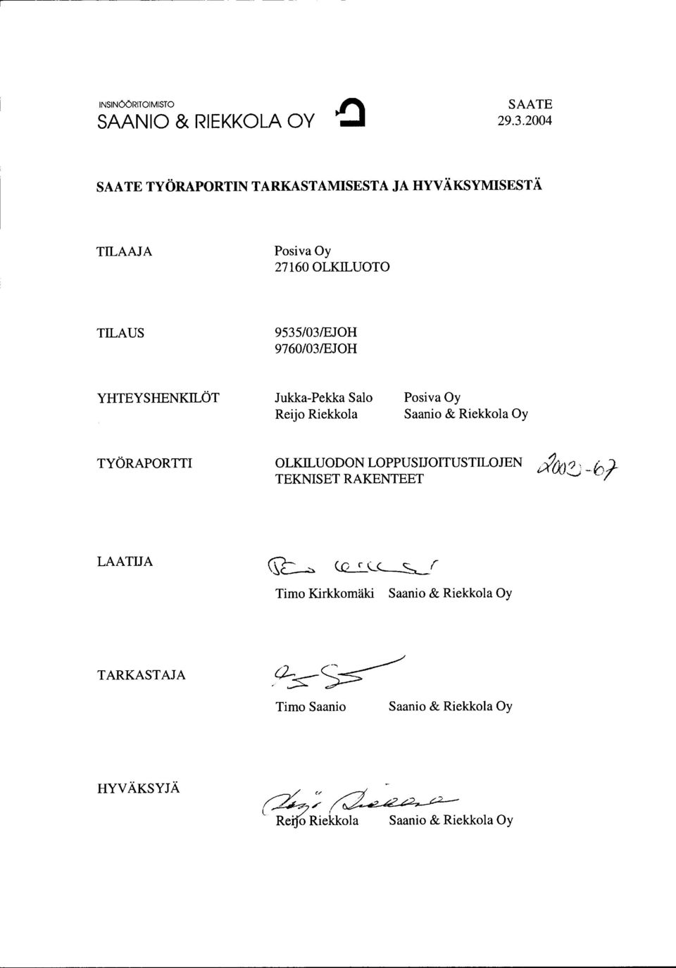 9760/03/EJOH YHTEYSHENKILÖT Jukka-Pekka Salo Reijo Riekkola Posiva Oy Saanio & Riekkola Oy TYÖRAPORTTI OLKILUODON