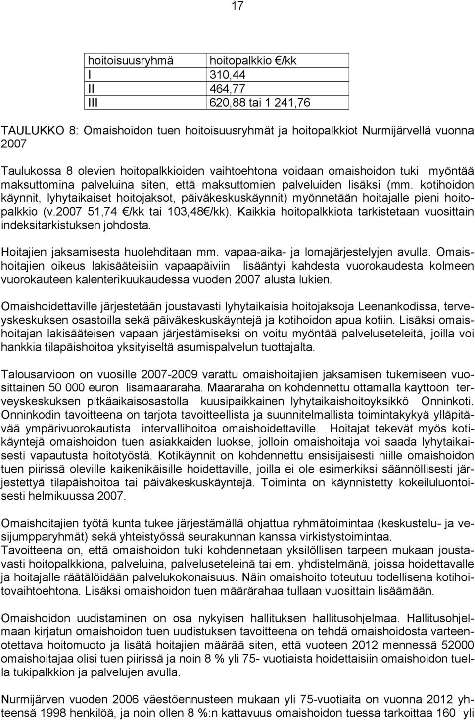 kotihoidon käynnit, lyhytaikaiset hoitojaksot, päiväkeskuskäynnit) myönnetään hoitajalle pieni hoitopalkkio (v.2007 51,74 /kk tai 103,48 /kk).