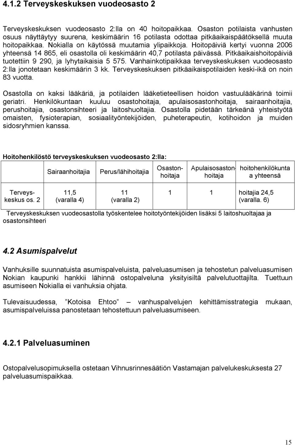 Hoitopäiviä kertyi vuonna 2006 yhteensä 14 865, eli osastolla oli keskimäärin 40,7 potilasta päivässä. Pitkäaikaishoitopäiviä tuotettiin 9 290, ja lyhytaikaisia 5 575.